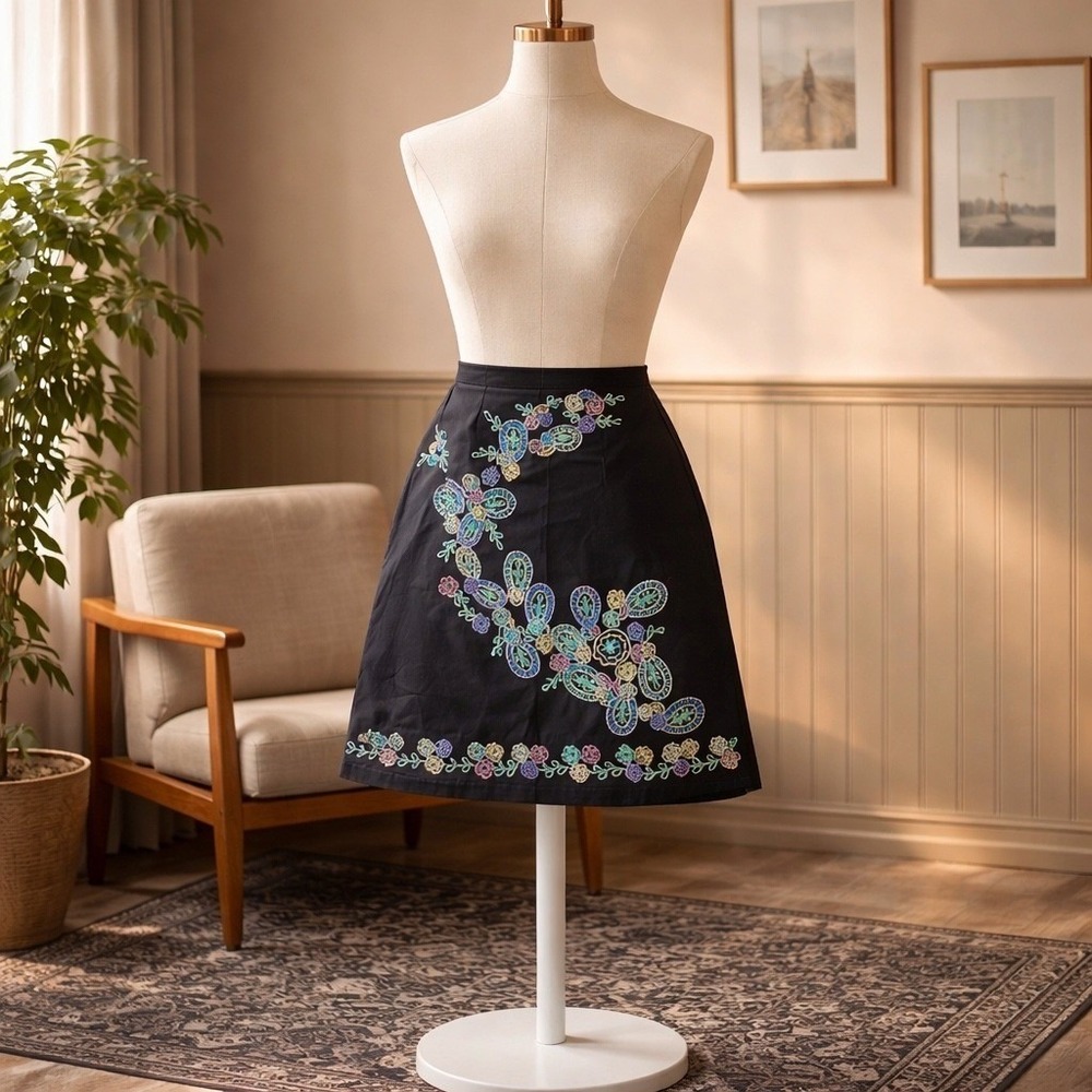 Black Linen Beaded Floral Paisley A-Line Skirt Plus Size 16W Cottagecore Boho‎